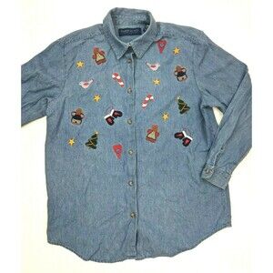 Vintage‎ Karen Scott Denim / Chambray Button Up Christmas Embroidered Shirt